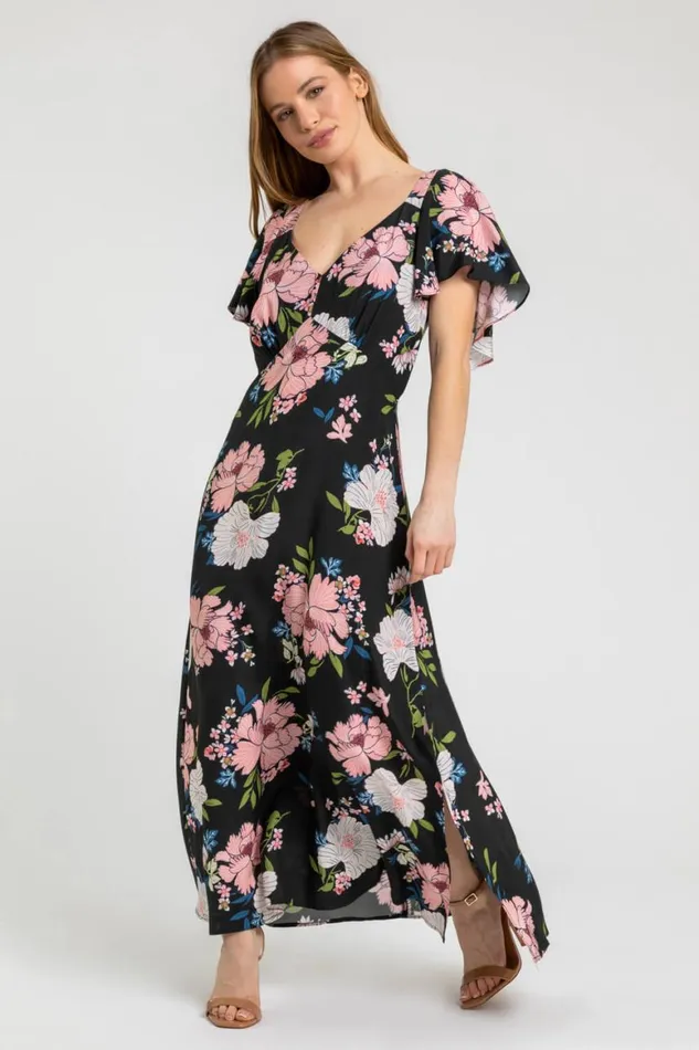 Women Black Petite Floral Print Maxi Dress Roman Dresses