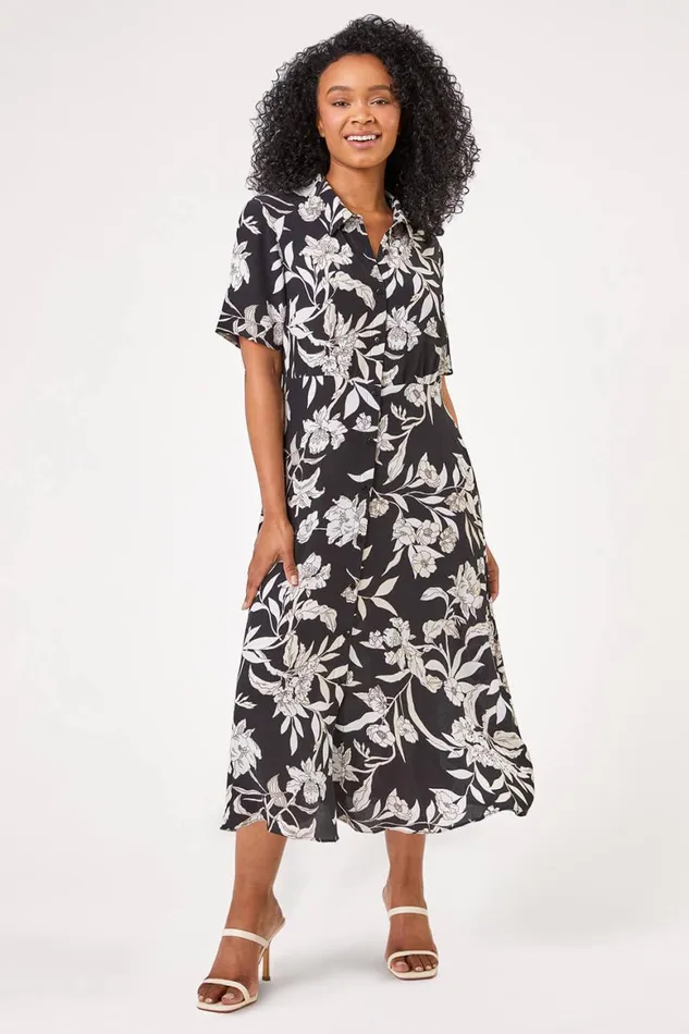 Women Black Petite Floral Print Relaxed Shirt Dress Roman Dresses