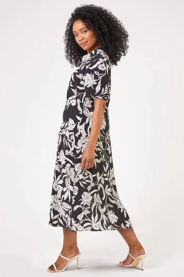 Women Black Petite Floral Print Relaxed Shirt Dress Roman Dresses