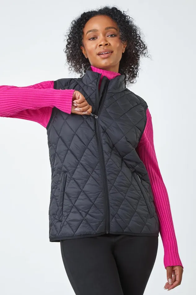 Women Black Petite Hooded Quilted Gilet Roman Coats