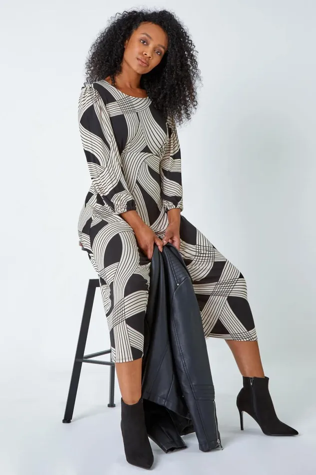 Women Black Petite Linear Print Midi Stretch Dress Roman Dresses