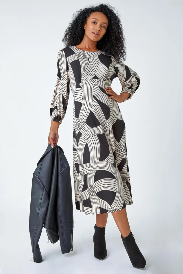 Women Black Petite Linear Print Midi Stretch Dress Roman Dresses