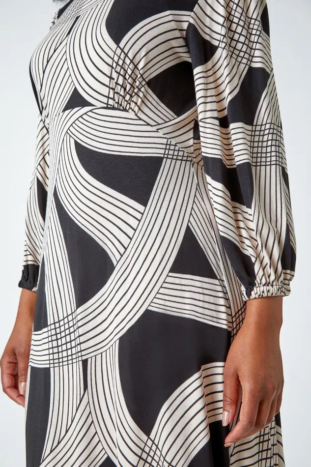 Women Black Petite Linear Print Midi Stretch Dress Roman Dresses