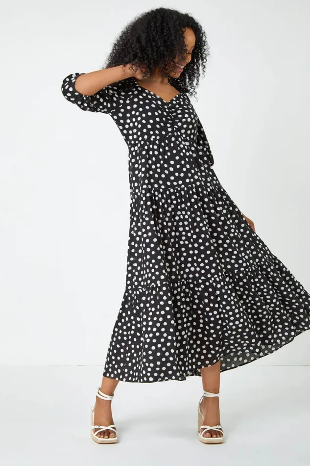 Women Black Petite Polka Dot Tiered Midi Dress Roman Dresses