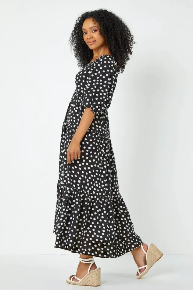 Women Black Petite Polka Dot Tiered Midi Dress Roman Dresses