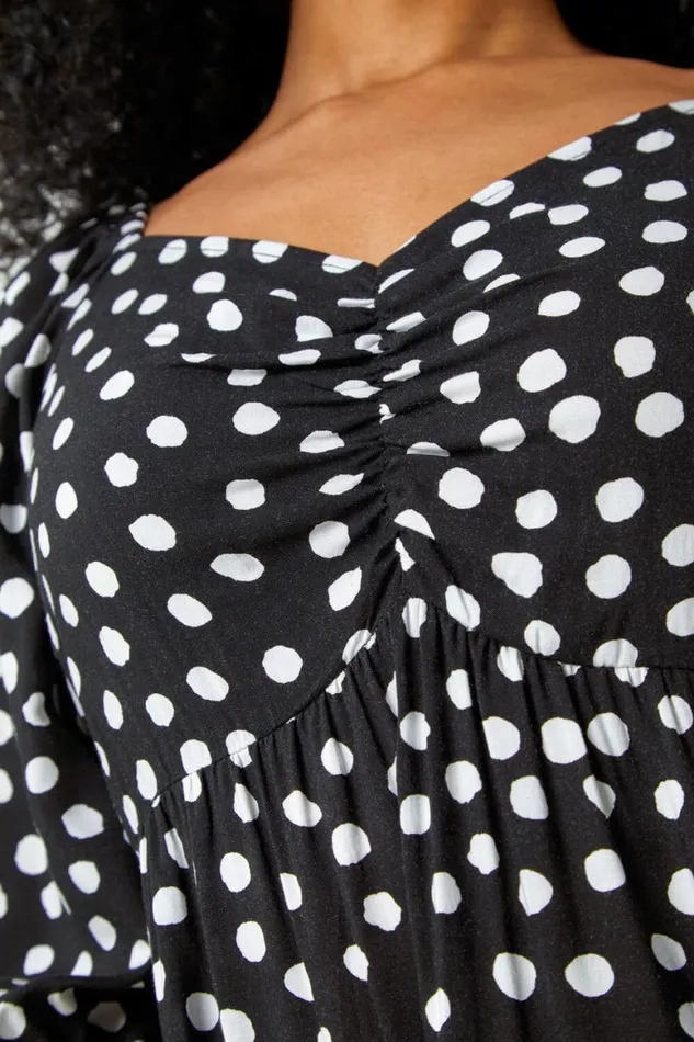 Women Black Petite Polka Dot Tiered Midi Dress Roman Dresses