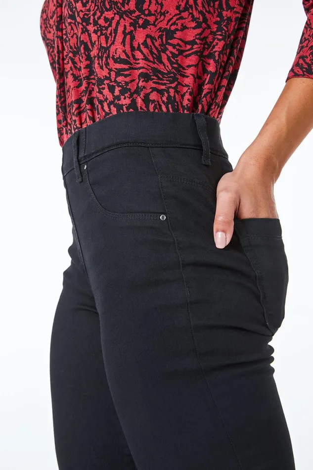 Women Black Petite Stretch Denim Elastic Waist Jegging Roman Coords