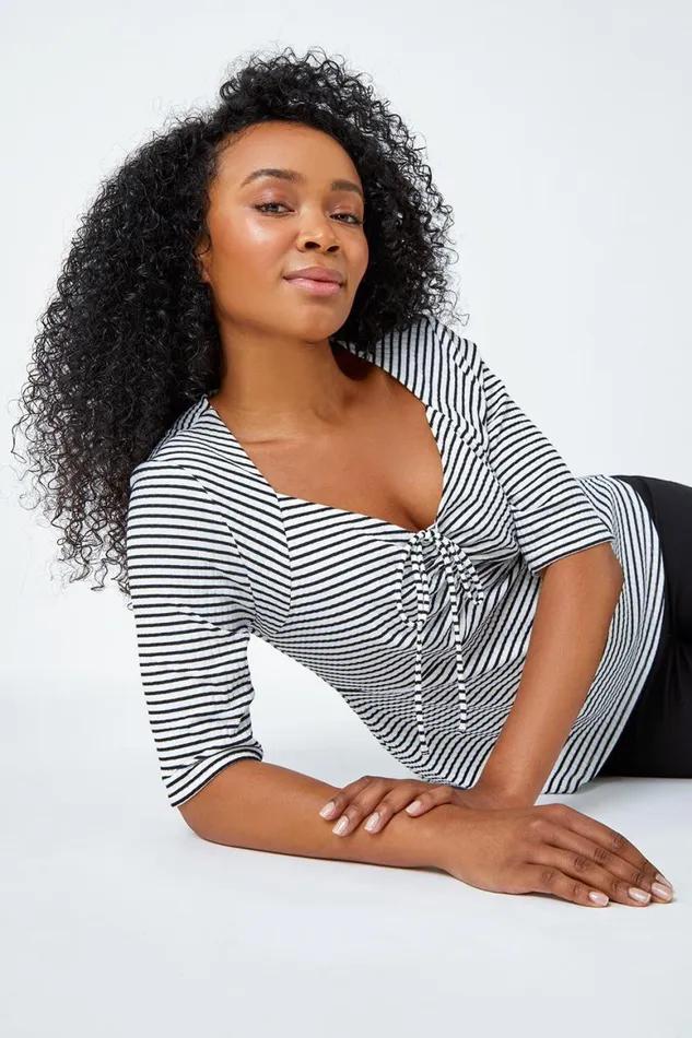 Women Black Petite Stripe Ruched Stretch Top Roman Tops