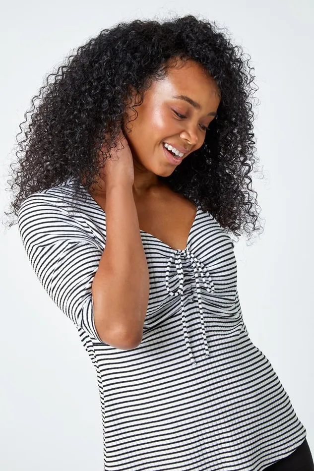 Women Black Petite Stripe Ruched Stretch Top Roman Tops