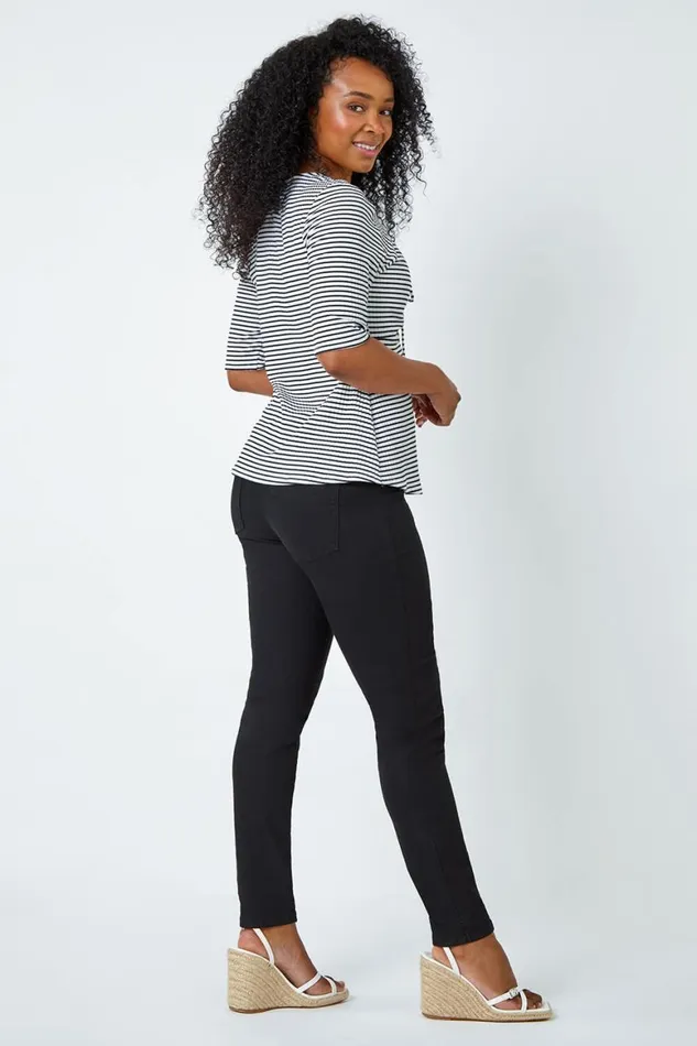 Women Black Petite Stripe Ruched Stretch Top Roman Tops