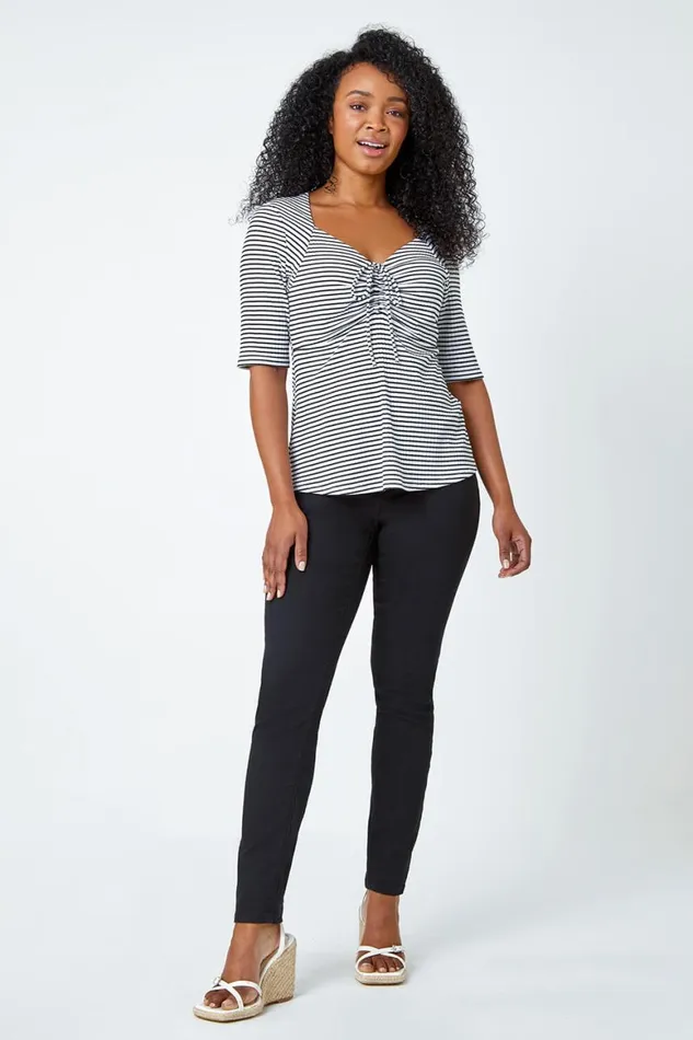 Women Black Petite Stripe Ruched Stretch Top Roman Tops