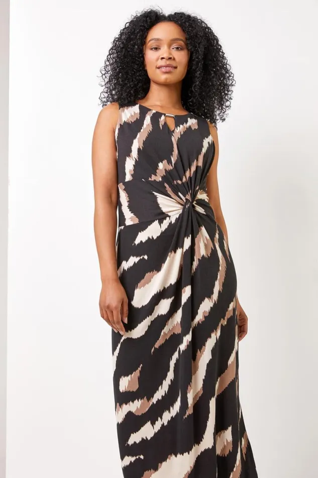 Women Black Petite Tiger Twist Waist Ruched Maxi Dress Roman Dresses