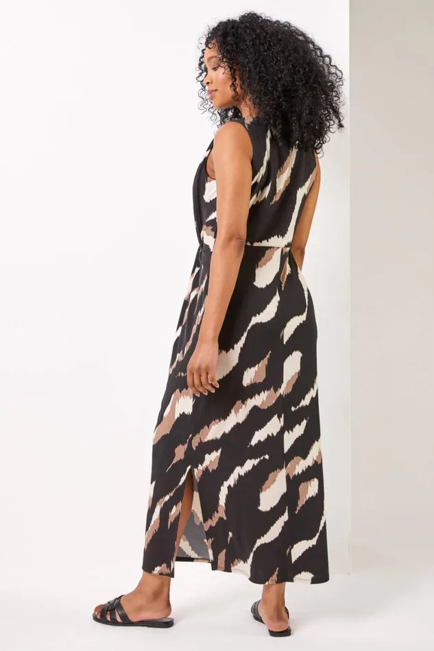 Women Black Petite Tiger Twist Waist Ruched Maxi Dress Roman Dresses