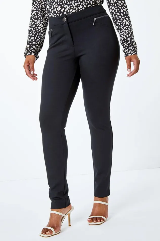 Women Black Petite Zip Detail Stretch Trouser Roman Trousers