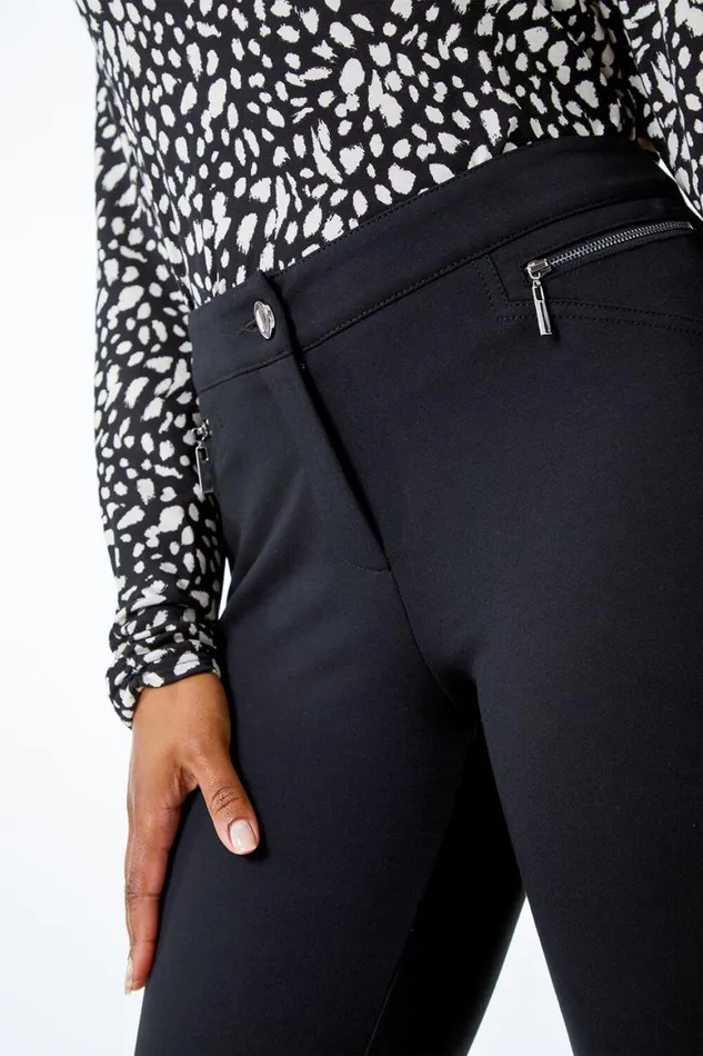 Women Black Petite Zip Detail Stretch Trouser Roman Trousers