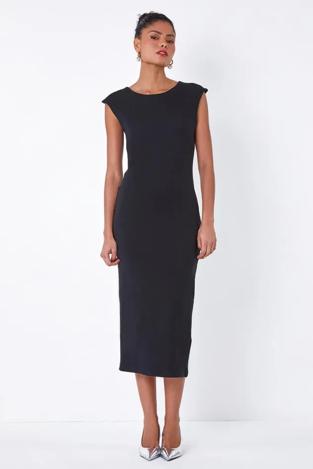 Women Black Plain Bodycon Stretch Jersey Midi Dress Roman Dresses