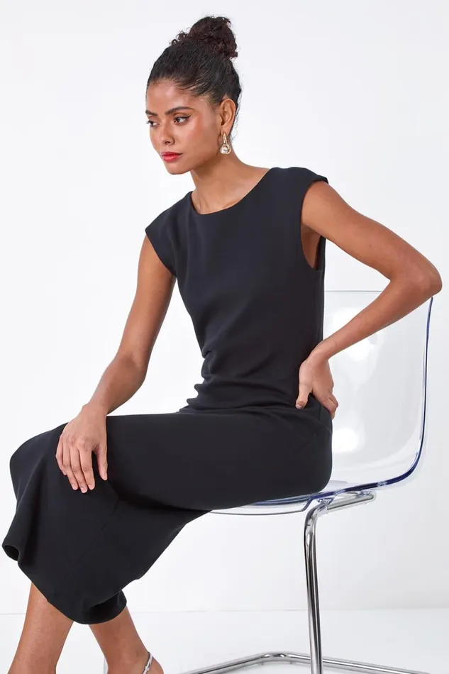 Women Black Plain Bodycon Stretch Jersey Midi Dress Roman Dresses