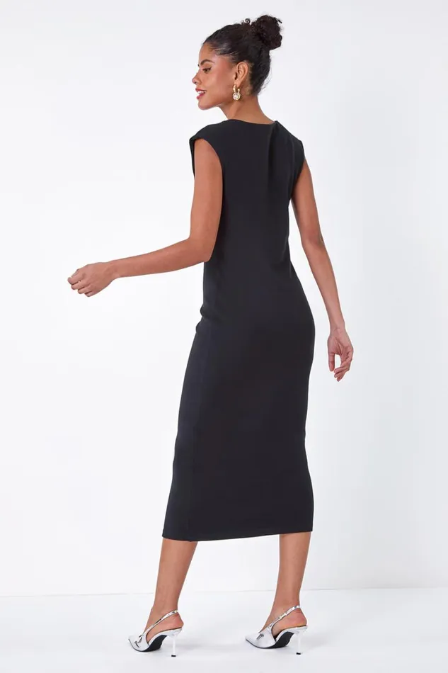 Women Black Plain Bodycon Stretch Jersey Midi Dress Roman Dresses