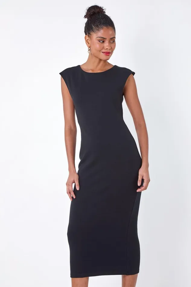 Women Black Plain Bodycon Stretch Jersey Midi Dress Roman Dresses