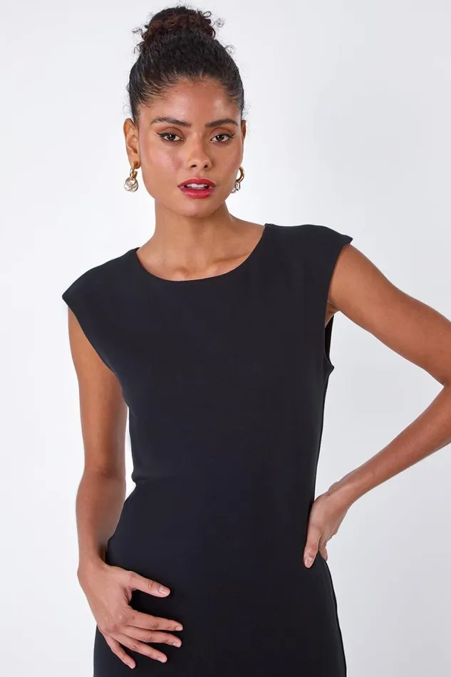 Women Black Plain Bodycon Stretch Jersey Midi Dress Roman Dresses
