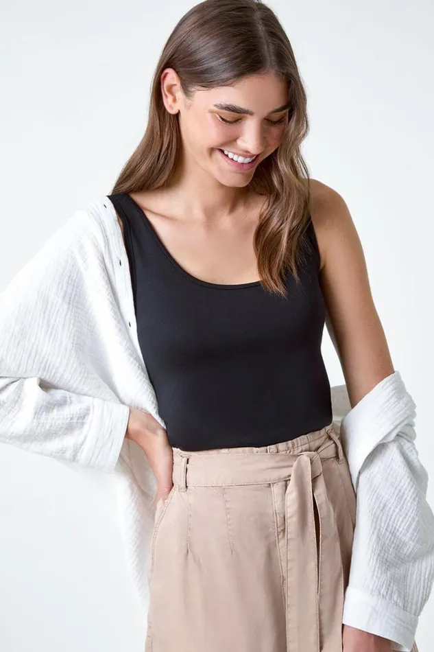 Women Black Plain Stretch Jersey Vest Top Roman Tops
