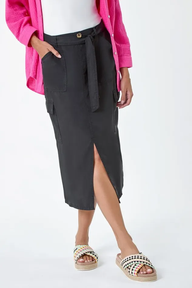 Women Black Pocket Detail Cargo Skirt Roman Skirts