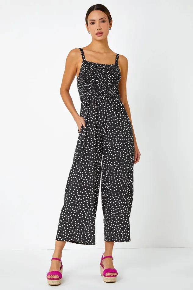 Women Black Polka Dot Print Stretch Jumpsuit Roman Dresses