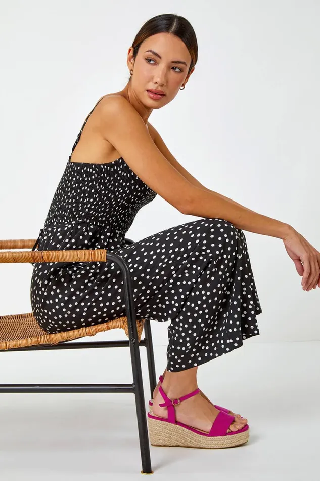 Women Black Polka Dot Print Stretch Jumpsuit Roman Dresses