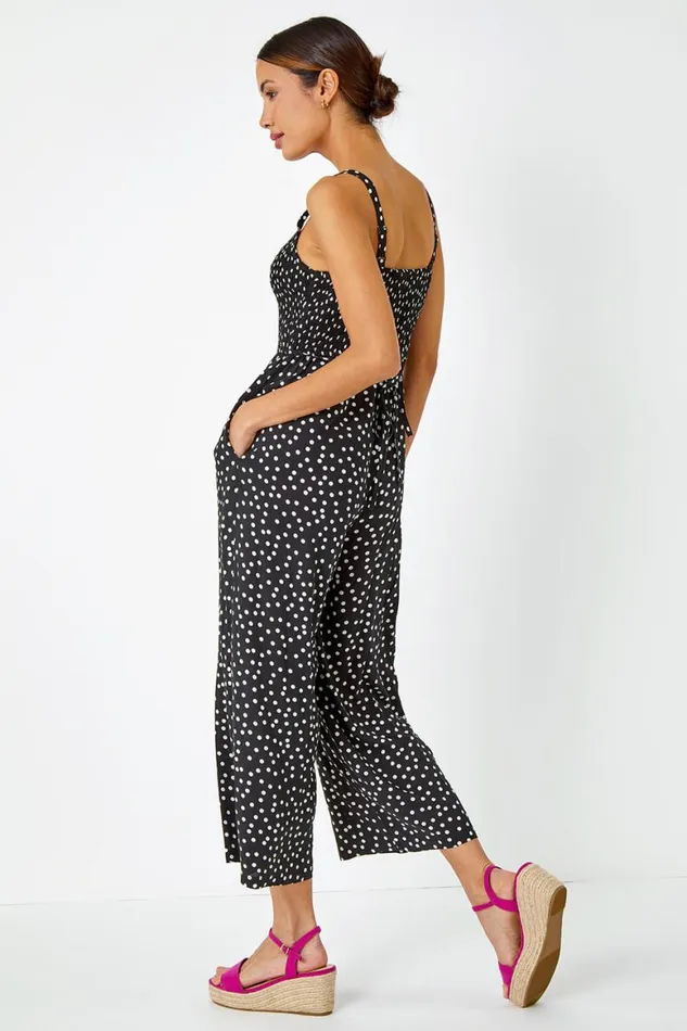 Women Black Polka Dot Print Stretch Jumpsuit Roman Dresses