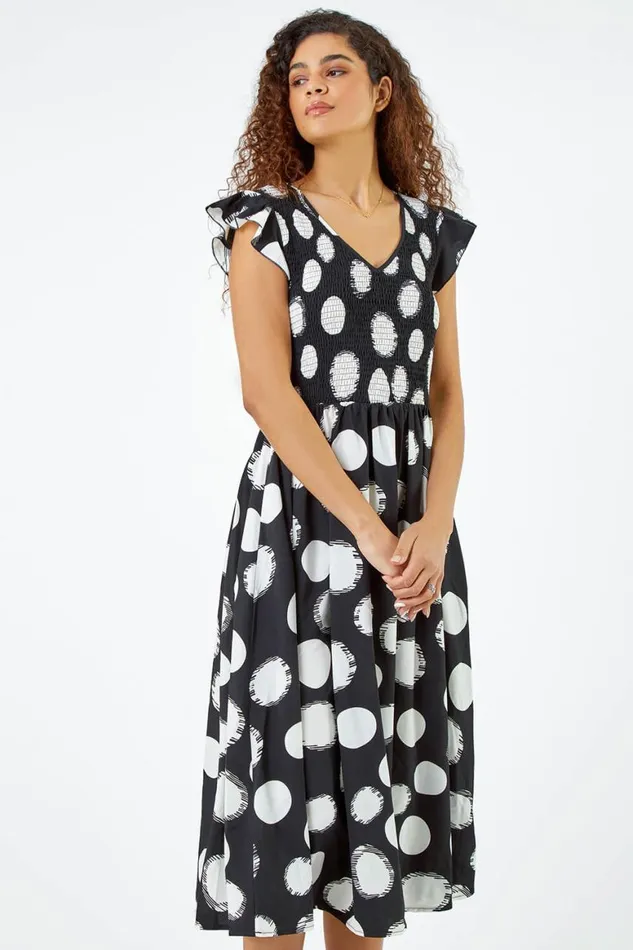 Women Black Polka Dot Shirred Stretch Midi Dress Roman Dresses