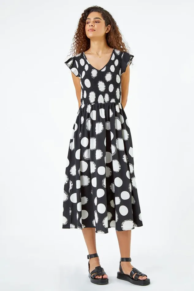 Women Black Polka Dot Shirred Stretch Midi Dress Roman Dresses