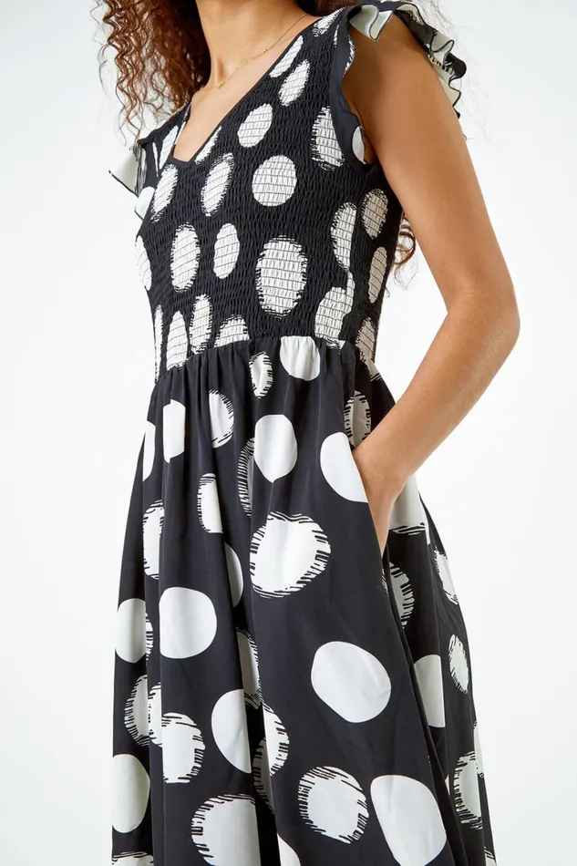 Women Black Polka Dot Shirred Stretch Midi Dress Roman Dresses