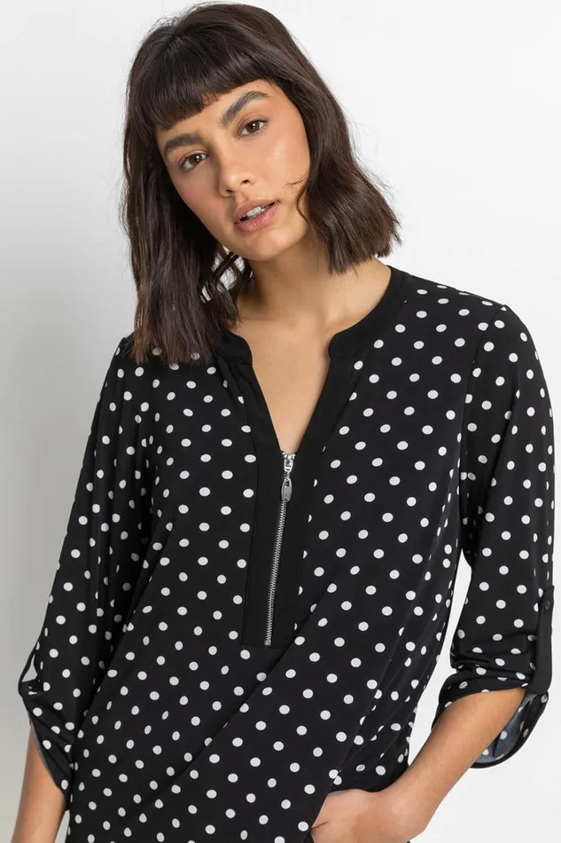 Women Black Polka Dot Zip Up Jersey Tunic Top Roman Tops