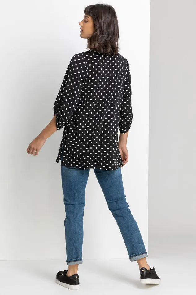 Women Black Polka Dot Zip Up Jersey Tunic Top Roman Tops