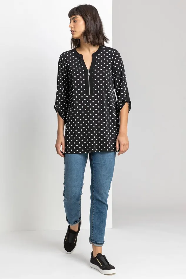 Women Black Polka Dot Zip Up Jersey Tunic Top Roman Tops