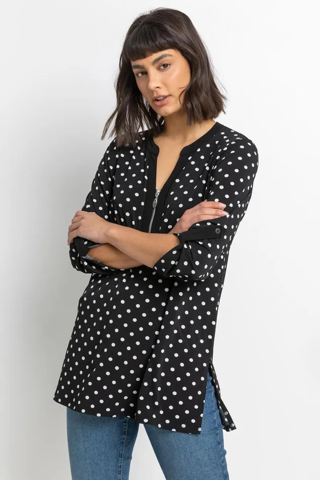 Women Black Polka Dot Zip Up Jersey Tunic Top Roman Tops