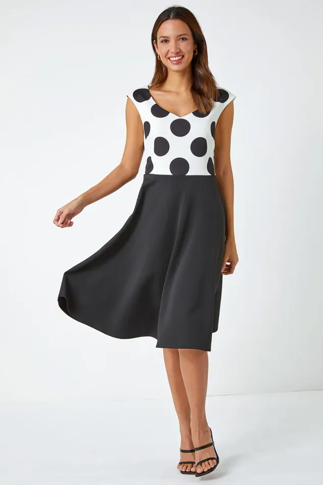 Women Black Premium Stretch Spot Print Dress Roman Dresses