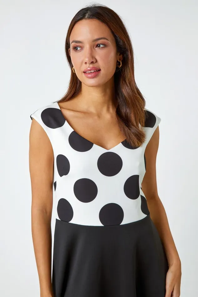 Women Black Premium Stretch Spot Print Dress Roman Dresses