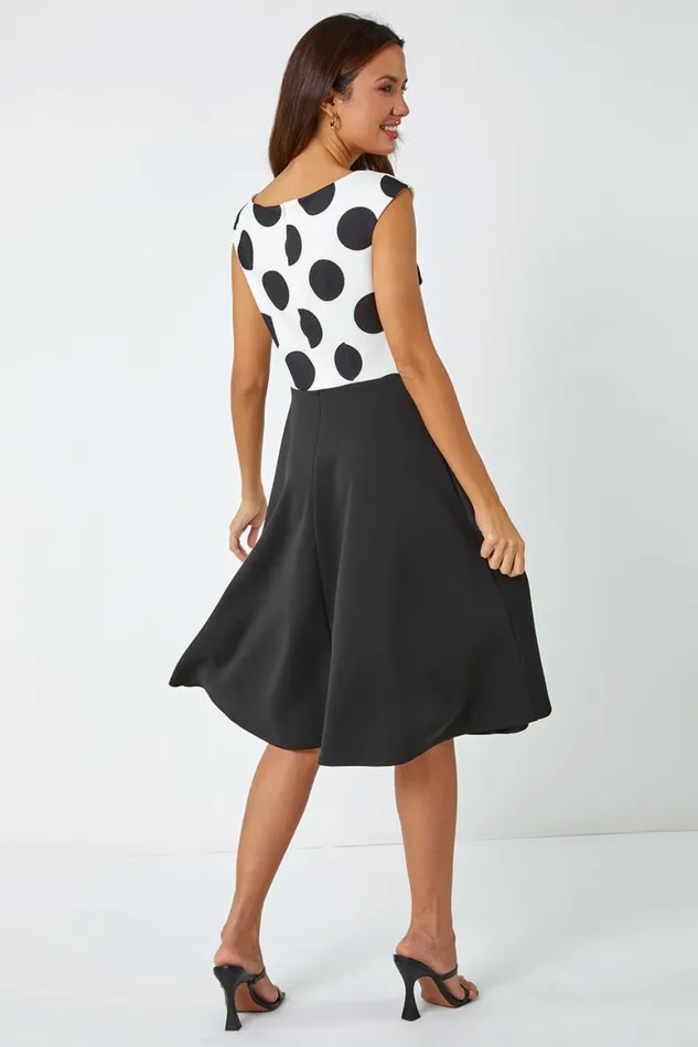 Women Black Premium Stretch Spot Print Dress Roman Dresses