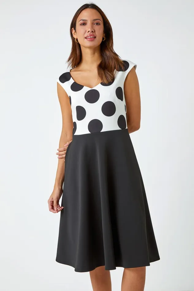 Women Black Premium Stretch Spot Print Dress Roman Dresses