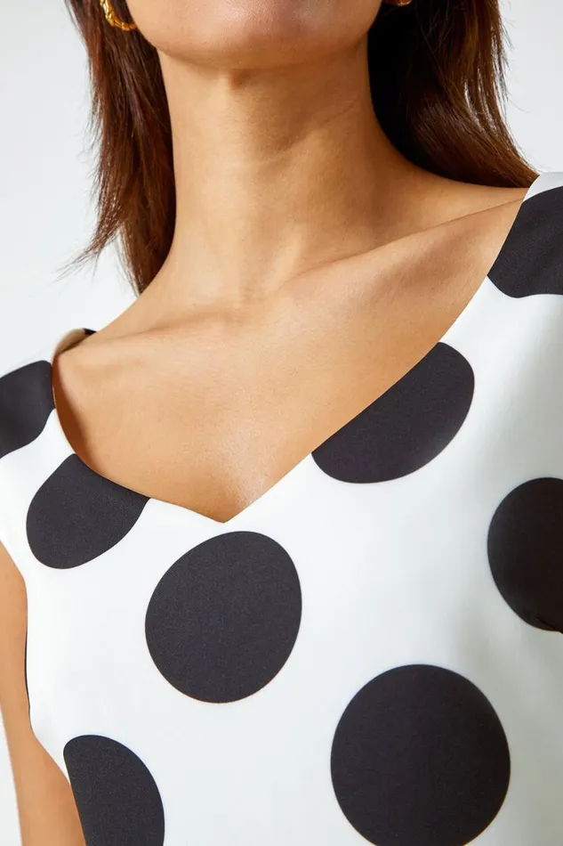 Women Black Premium Stretch Spot Print Dress Roman Dresses