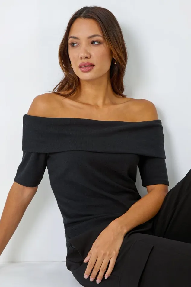 Women Black Ribbed Bardot Stretch Top Roman Tops
