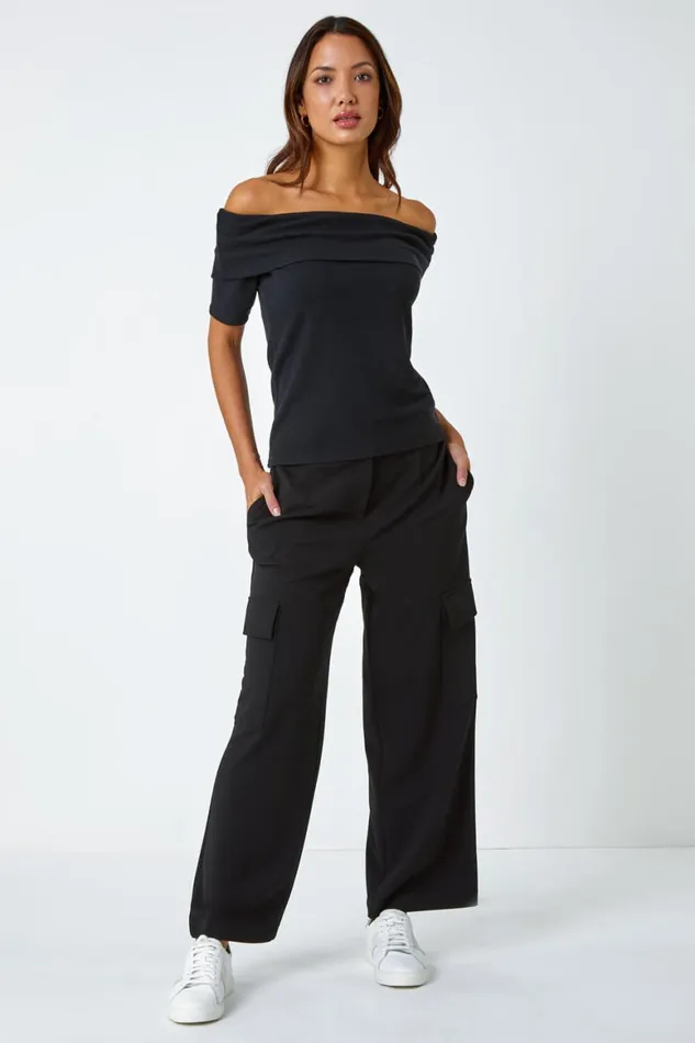 Women Black Ribbed Bardot Stretch Top Roman Tops