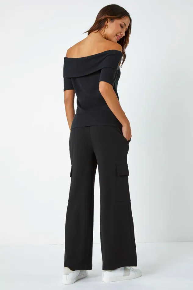 Women Black Ribbed Bardot Stretch Top Roman Tops