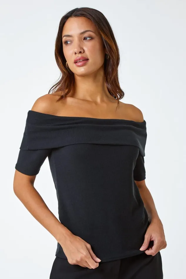 Women Black Ribbed Bardot Stretch Top Roman Tops