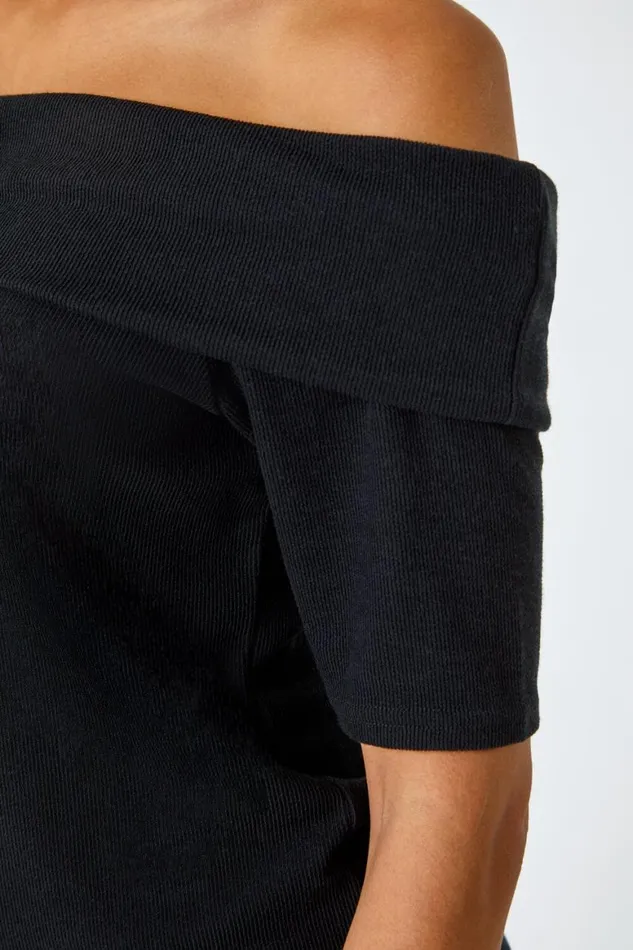 Women Black Ribbed Bardot Stretch Top Roman Tops