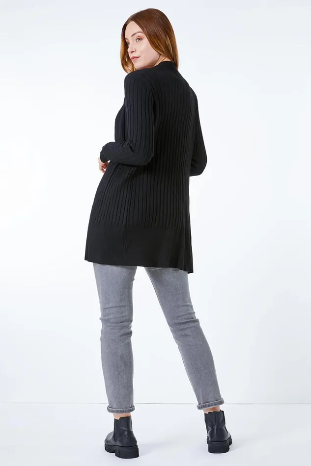 Women Black Ribbed Edge To Edge Cardigan Roman Knitwear