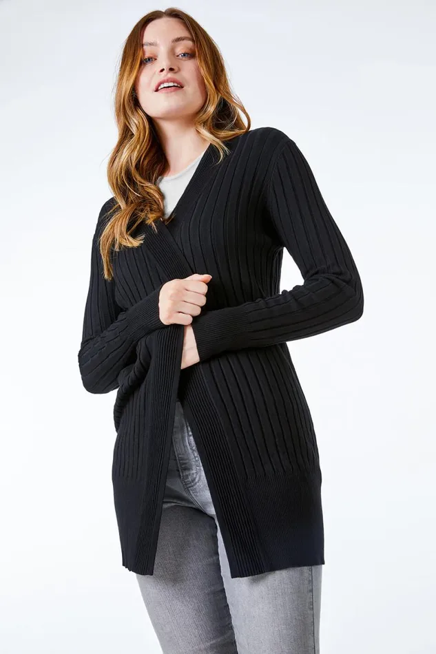 Women Black Ribbed Edge To Edge Cardigan Roman Knitwear