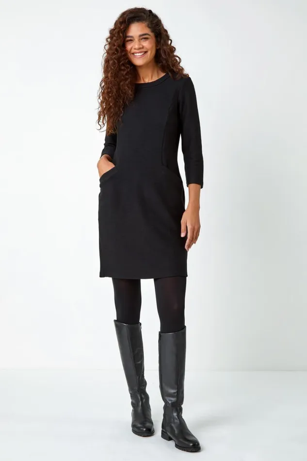 Women Black Ribbed Pocket Detail Shift Stretch Dress Roman Dresses