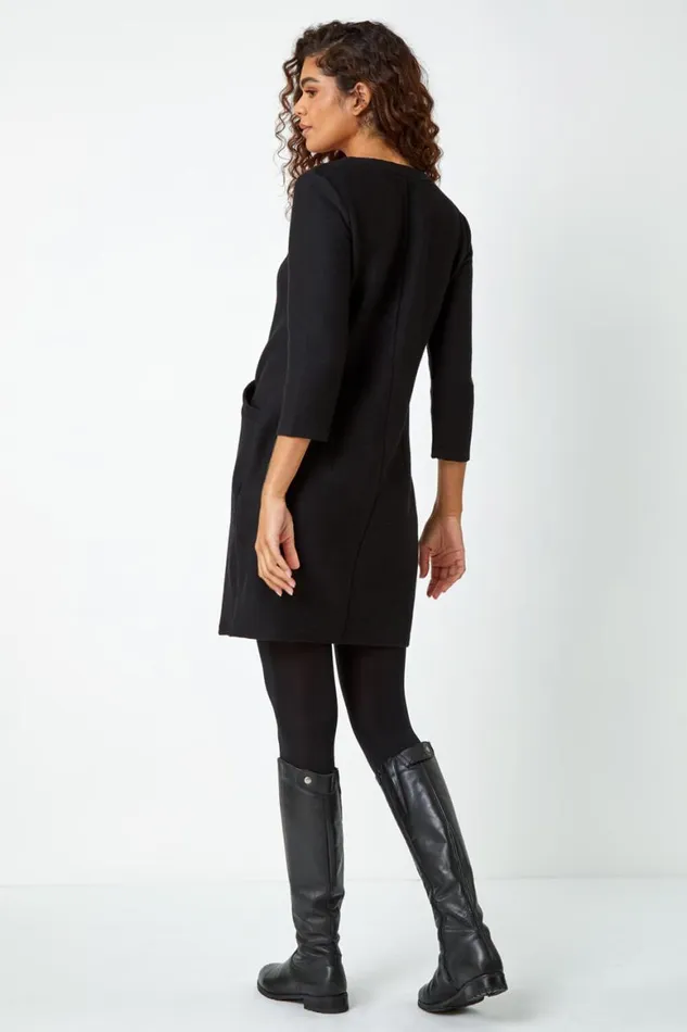 Women Black Ribbed Pocket Detail Shift Stretch Dress Roman Dresses